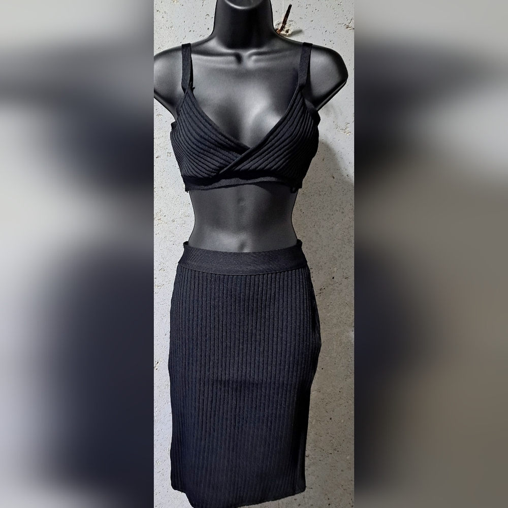#017 Swank A Posh Cropped Bandage Ribbed Skirt Set - 2 Piece Set